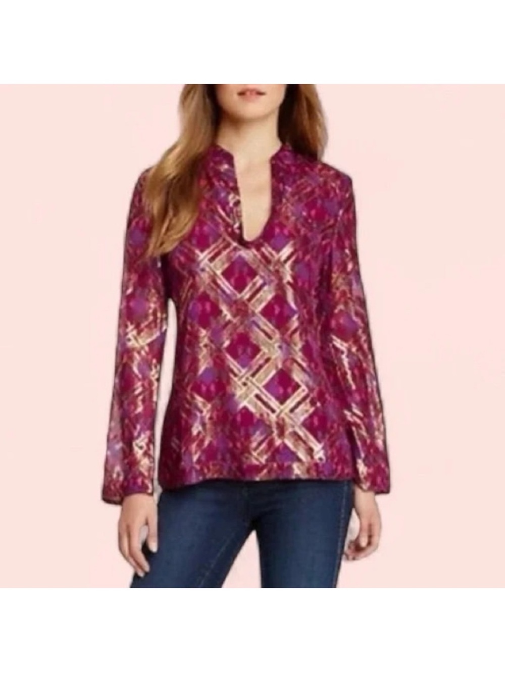 Tory Burch Fuchsia Geometric Notch-Neck Tunic